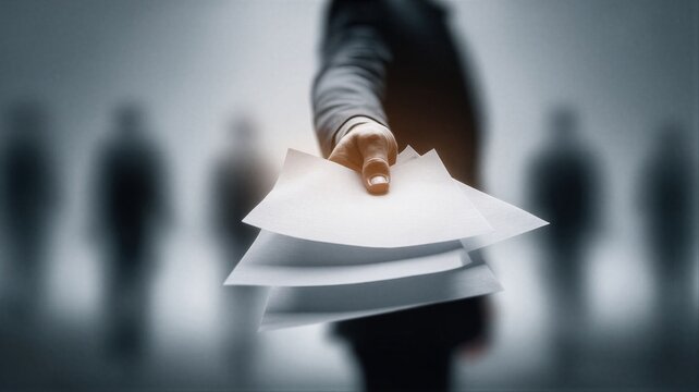 Man in suit handing over stack of blank white paper documents. Corporate employee trapped in office slavery and burnout. Symbol of bureaucracy, workload overload and exhausting routine.