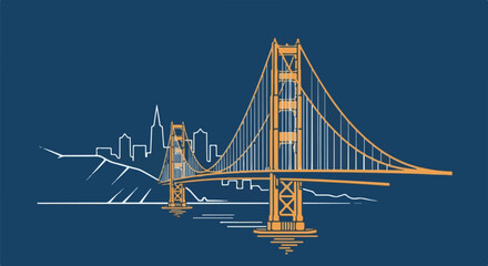 Obraz premium Iconic orange suspension bridge with city skyline silhouette