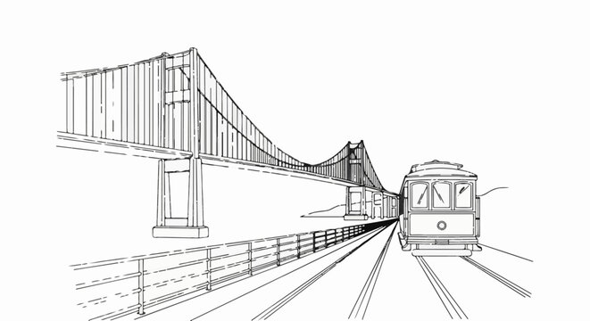 Iconic bridge and vintage trolley on rails