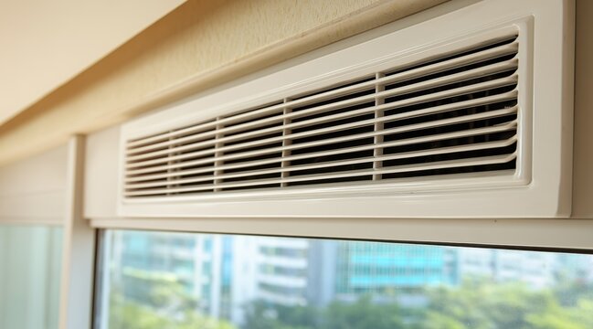 Air ventilation grille above office window with blurred city view