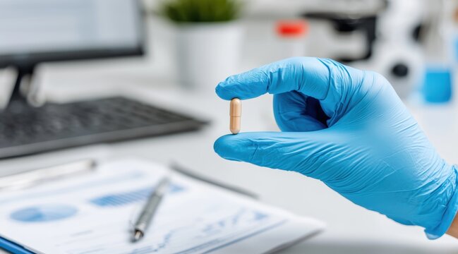 Hand in blue glove holding medical capsule in laboratory