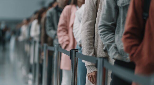 People standing in line behind retractable belt barrier