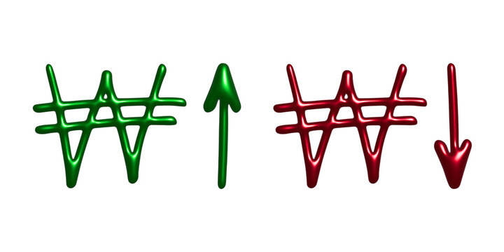 3d won currency symbol Growth and fall profit with arrow up and down Element for design