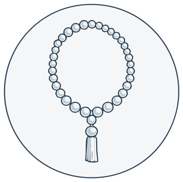 Minimalist line art icon of Islamic tasbih prayer beads with tassel for spiritual meditation
