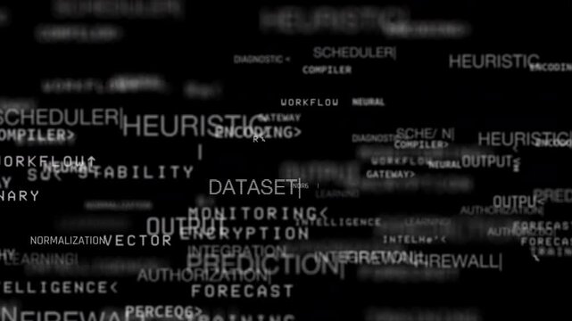 Abstract background video overlay template Dynamic floating tech keywords representing AI, algorithms, and data processing. Digital text flow background for an artificial intelligence concept