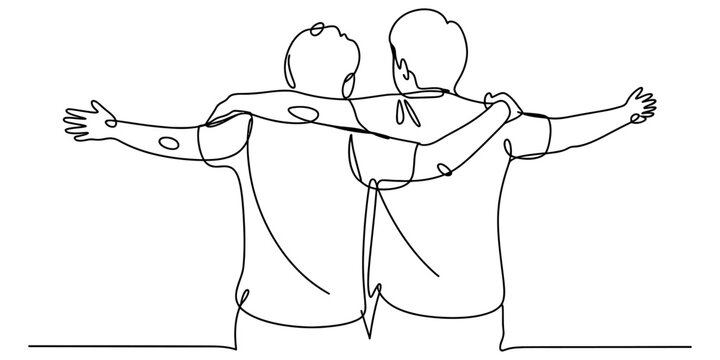 A single continuous line drawing of two friends standing side by side with their arms outstretched Vector, illustration