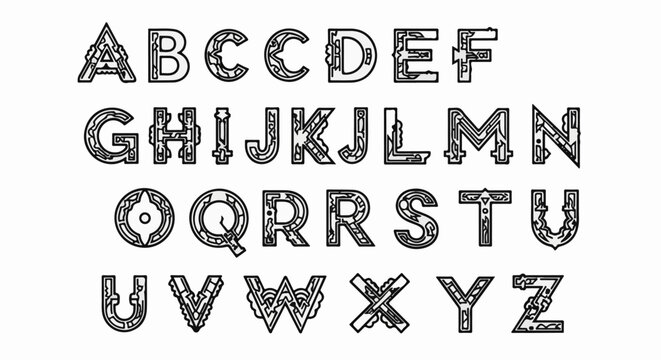 Intricate, artistic alphabet letters with a circuit board aesthetic