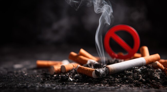 Burning cigarette with smoke near ash and red prohibited sign on dark background
