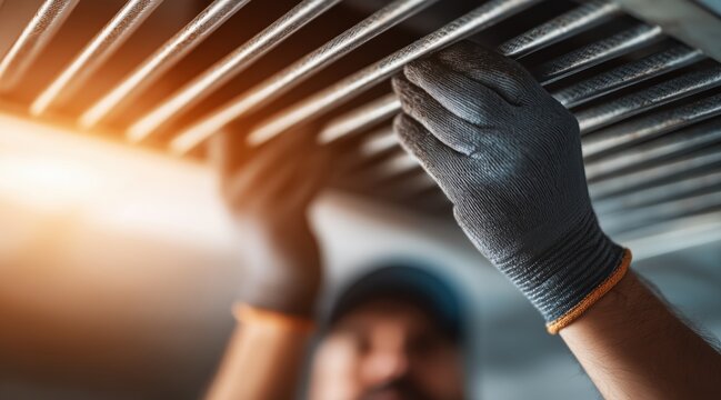 Hands in work gloves cleaning commercial kitchen exhaust hood vent