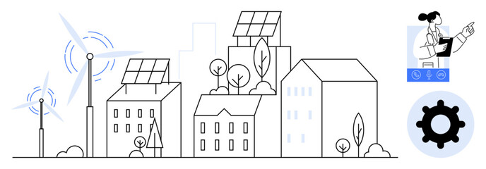 Fototapeta premium Renewable energy concept. Renewable energy sources thumbs up solar panels, wind turbines, and their integration with a smart city. Renewable energy ensuring sustainability and innovation. For energy