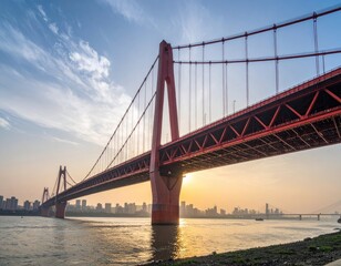 Obraz premium A stunning sunset view showcases a modern suspension bridge spanning a wide river, with a sprawling cityscape visible in the distance.