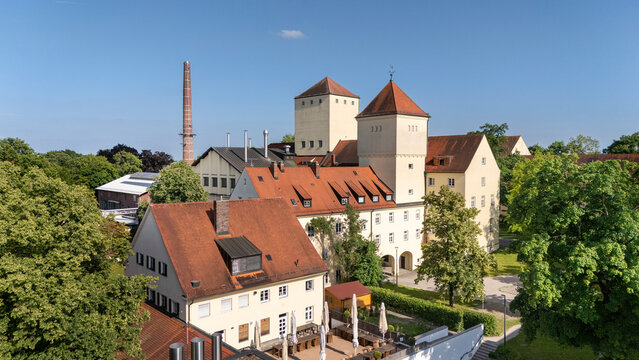 Drone view of the world&rsquo;s oldest brewery, Weihenstephan, located in Freising, Bavaria, Germany. Traditional architecture and scenic surroundings highlight German brewing heritage.