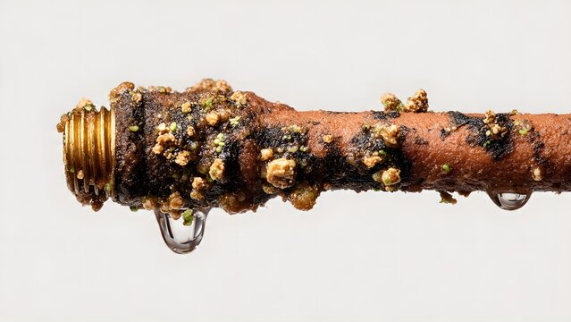 Corroded copper pipe with heavy mineral buildup and water droplets, rusty plumbing fixture with limescale, damaged metal water line
