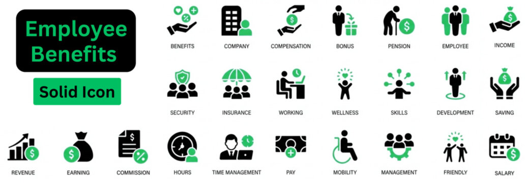 Solid vector of Employee Benefits icon set. Employee Benefits solid icon set. Employee Benefits Solid Icon Set Health, Insurance, Pension, Bonus, Salary, Vacation, Wellness, Perks, Retirement. 