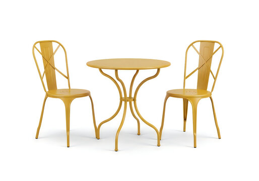 A table and two chairs with green metal frames
