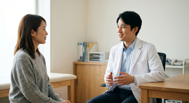 診察室で笑顔で会話をする男性医師と女性患者