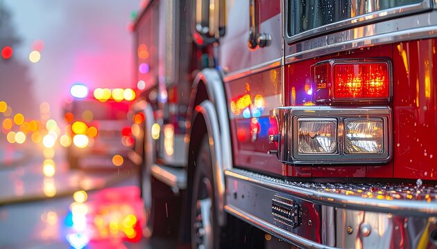 Red fire truck with emergency lights and chrome grill at sunset on a blurred background