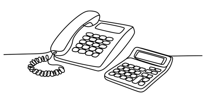 A simple continuous line drawing of an office telephone next to a pocket calculator on a table Vector, illustration