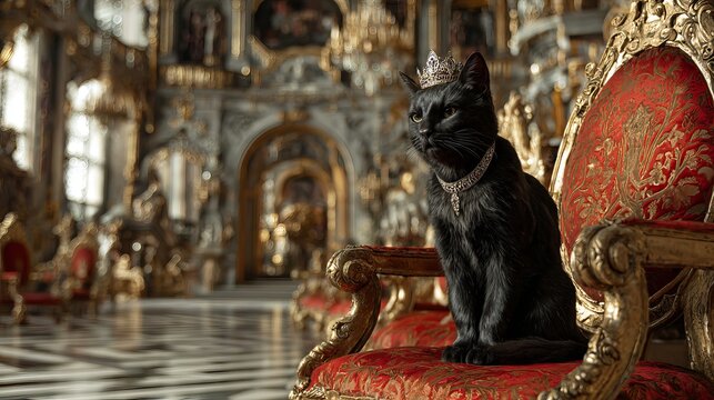 A black cat wearing a crown sits regally on a luxurious red and gold throne in an opulent palace.