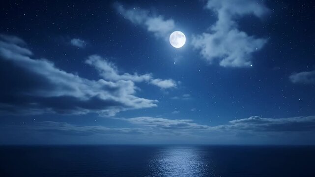 Night sky above water with moon clouds and reflections