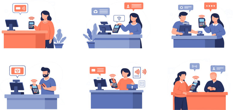 Contactless Payment Illustration Collection with POS Terminal, NFC Mobile Transactions, Customers Paying in Store, and Digital Checkout Scenes for Retail Technology Design