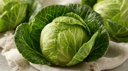 Fototapeta premium Close-up view of a fresh, tightly layered green cabbage head, showcasing its vibrant healthy texture and crisp outer leaves