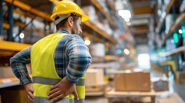Warehouse worker suffering back pain after heavy lifting, workplace safety and injury prevention concept, defocused background, with copy space