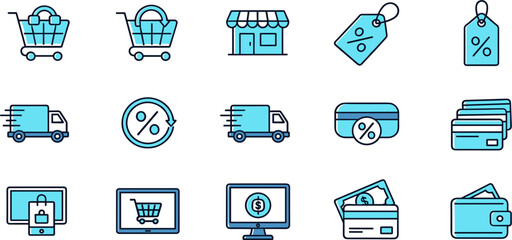 Fototapeta premium E Commerce Icon Set with Shopping Cart, Store, Discount Tags, Delivery Truck, Payment Methods, and Online Retail Symbols for Modern Business and App Design