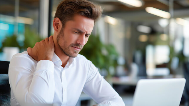 Businessman with shoulder pain at an office computer from poor posture or overwork, workplace muscle fatigue and occupational health concept, defocused background, with copy space