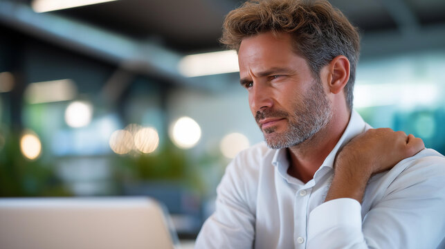 Businessman with shoulder pain at an office computer from poor posture or overwork, workplace muscle fatigue and occupational health concept, defocused background, with copy space
