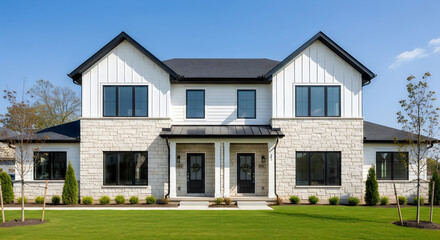 Fototapeta premium A modern residential home with brick architecture and a luxury blue roof stands prominently on a new suburban estate featuring a lush green lawn, garden yard, and clear sky