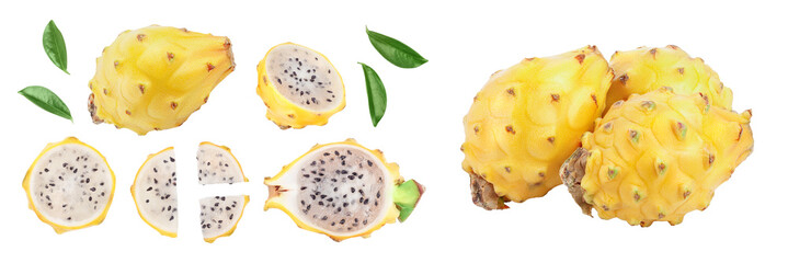 Obraz premium Dragon fruit, Pitaya or Pitahaya yellow isolated on white background. Top view. Flat lay. Set or collection
