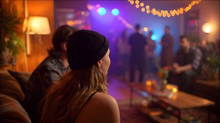 Fototapeta premium Friends socializing in a warmly lit living room during a vibrant colorful evening gathering