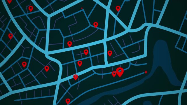 4K UHD Animated city map with location pins and navigation routes. Modern GPS tracking concept for smart city