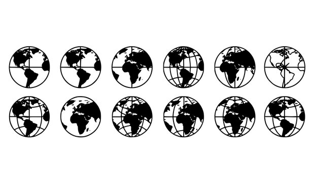 Globe silhouette icon set with world map views and longitude latitude grid designs in minimal vector style isolated on white