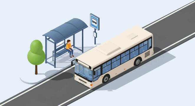 Isometric 3D render illustration of a white city bus arriving at a public bus stop shelter where a passenger sits on a bench, featuring a road lane, transit sign, and tree on white.