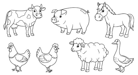 Obraz premium Farm animals line art coloring page set cow pig horse EPS10 isolated