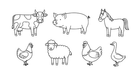 Obraz premium Minimal farm animal line art coloring set EPS10 isolated vector