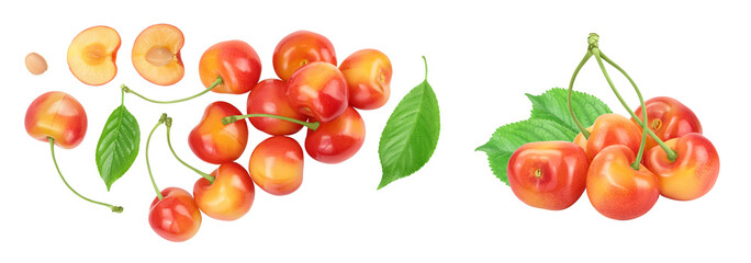 Obraz premium yellow-red sweet cherry isolated on white background . Top view. Flat lay