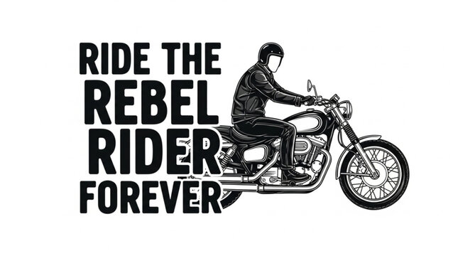 Man riding a classic motorcycle with rebel rider text.