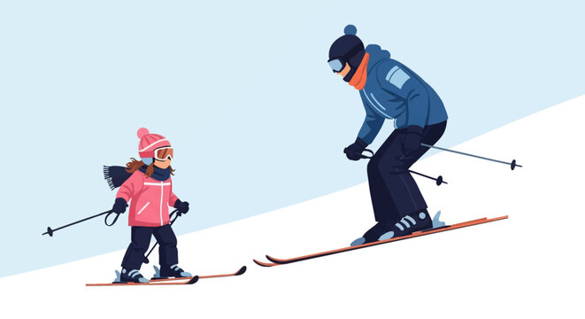 Vector illustration of a toddler girl learning to ski with an instructor on a snowy mountain slope, both wearing winter gear, goggles, and using ski poles on a simple background.