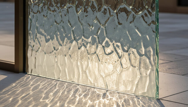 Thick cast slumped glass panel texture with frozen water ripples