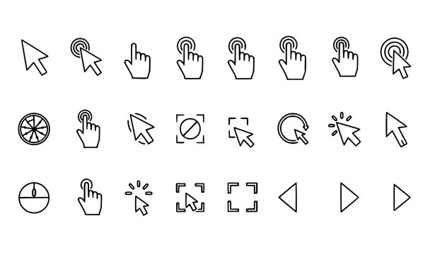 Cursor click interaction outline icons set with mouse pointer tap swipe UI vector illustration