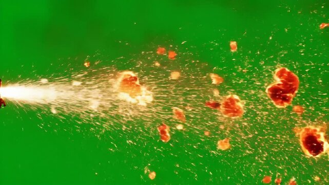 Fiery Explosion Bursting with Sparks and Debris on Green Screen Background