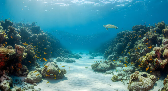 A pixelated image of a coral reef with a fish swimming in the water