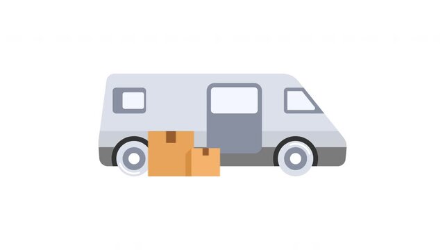 Logistics delivery van opening door unloading boxes and moving animation transparent background