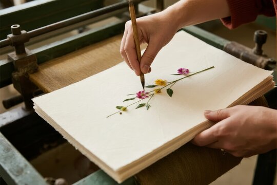 Hands painting a floral design on paper using a fine brush in a workshop setting