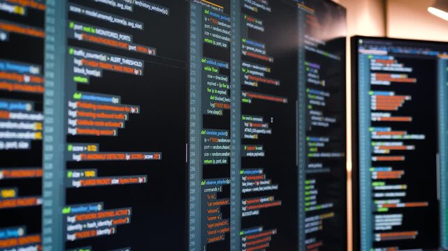 Close up computer monitors displaying fictional programming code and software development interface, technology workspace concept