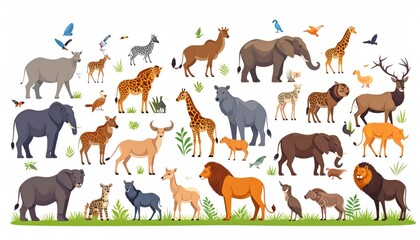 Obraz premium A vibrant illustration showcases diverse African wildlife with birds, mammals, and various species