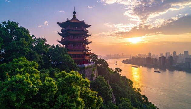 The iconic Yellow Crane Tower stands majestically overlooking the Yangtze River at sunset, showcasing a blend of traditional architecture and modern cityscapes.